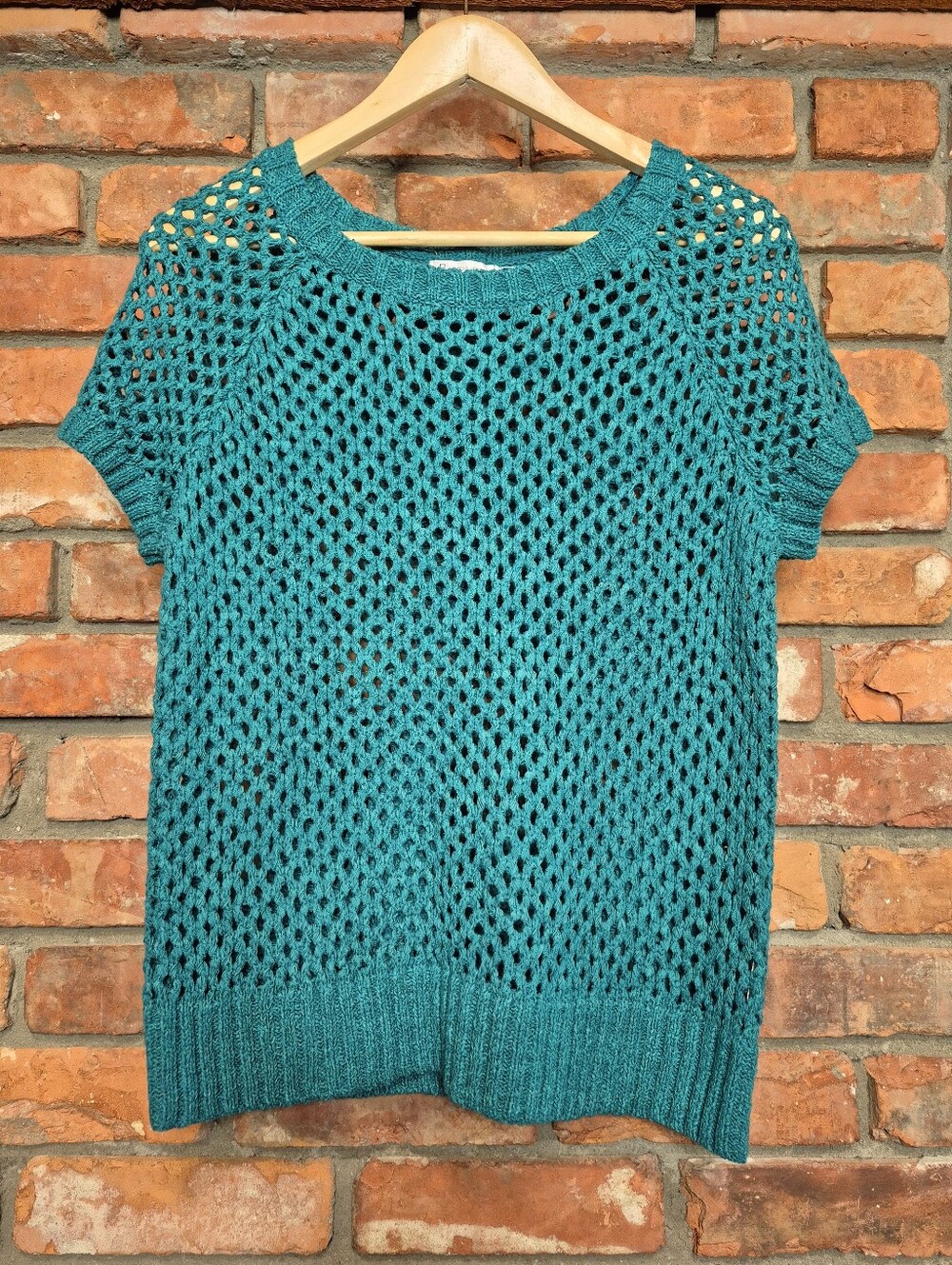 Revolution by Ricki's Large Teal Crochet Open Knit Short Sleeve Sweater Back Zip